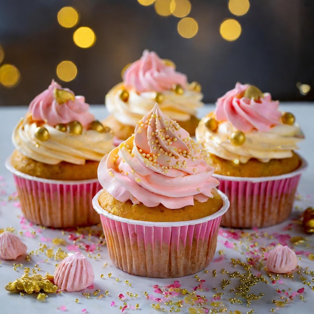 Rosa und goldene Cupcakes mit Sprinkles oben