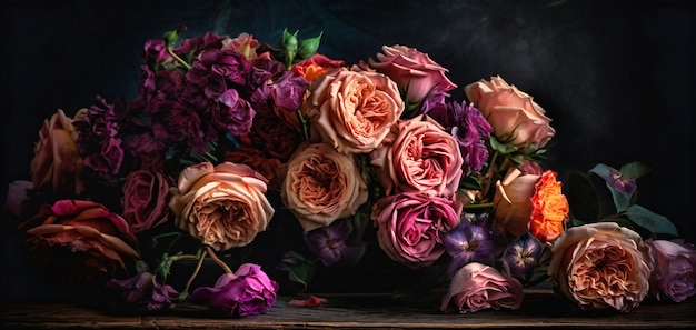 Rosa und lila Rosen auf dunklem Holzhintergrund