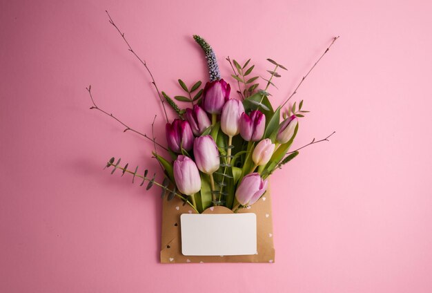 Rosa und lila Tulpen in einem Papierumschlag auf einem rosa Hintergrund kopieren Raum