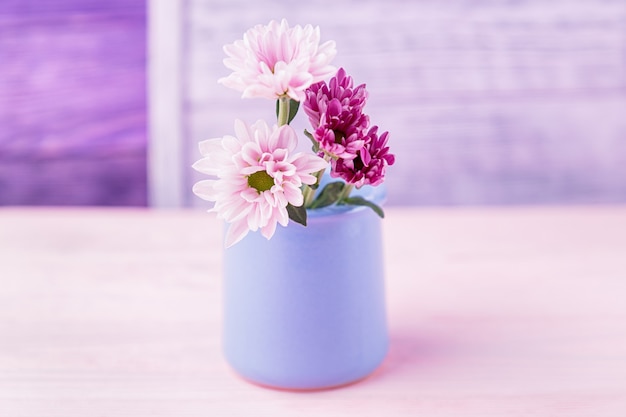 Rosa und lila zarte Chrysanthemen in kleiner Vase