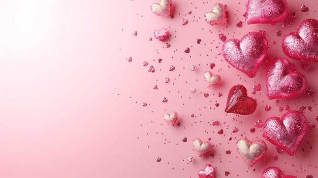 Rosa und rote Herzen unterschiedlicher Größe auf rosa Hintergrund Die Herzen bestehen aus Glas oder Kunststoff und haben ein glänzendes Finish