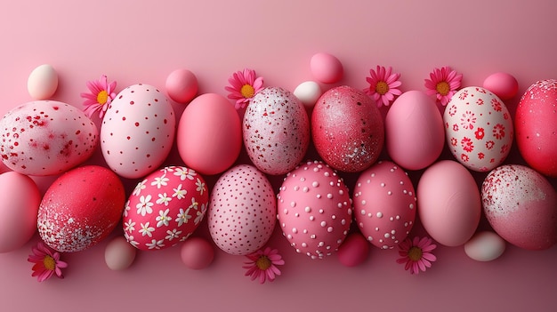 Rosa und roter Ostergrund Sammlung von ordentlich organisierten Eiern mit Blumenmustern