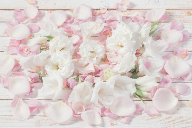 Rosa und weiße Blumen auf weißem hölzernem Hintergrund
