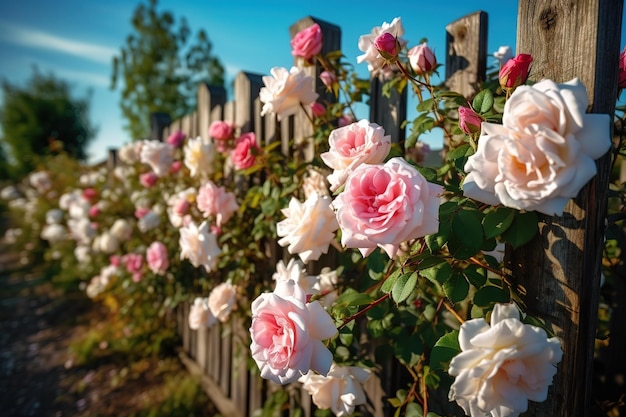 rosa und weiße Rosen am Gartenzaun