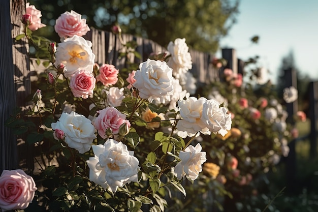 rosa und weiße Rosen am Gartenzaun