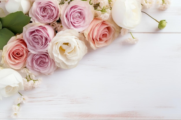 Rosa und weiße Rosen auf weißem Holzhintergrund
