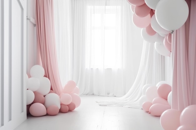 Rosa und weißer Ballon auf Reinraum mit Vorhanghintergrund