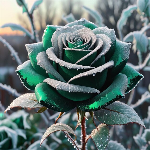 Una rosa verde oscuro y rosa con helada en ella