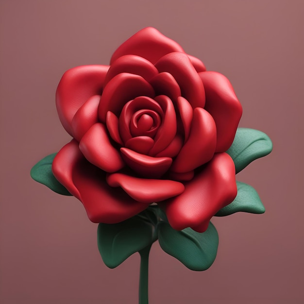 Foto rosa vermelha com folhas verdes em uma renderização 3d de fundo rosa