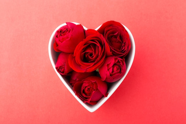 Rosa vermelha dentro da tigela de forma de coração no fundo vermelho
