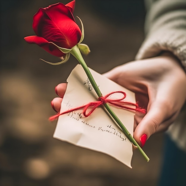 Foto rosa vermelha do amor mãos cativantes segurando um símbolo de afeto com nota de amor anexada