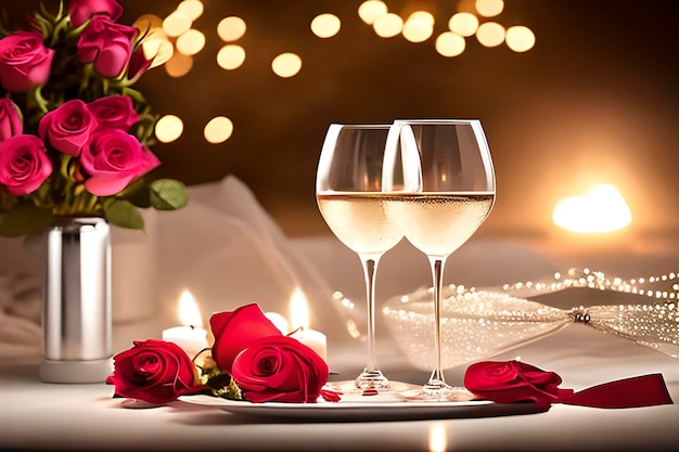 Rosa vermelha e champanhe são símbolos românticos