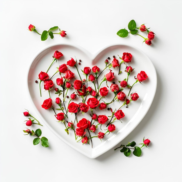 Foto rosa vermelha e pétalas em um prato em forma de coração em uma mesa de mármore símbolo de amor para o dia dos namorados