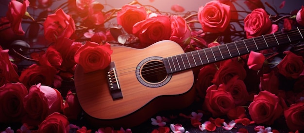 Rosa vermelha e pétalas na guitarra acústica para visão romântica imagem gerada por IA