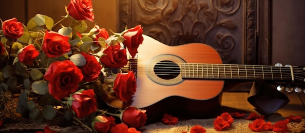 Rosa vermelha e pétalas na guitarra acústica para visão romântica imagem gerada por IA