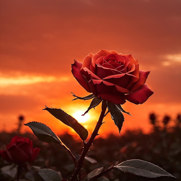 Rosa vermelha em silhueta contra o céu laranja ardente iluminado pelos últimos raios Ai Gerado