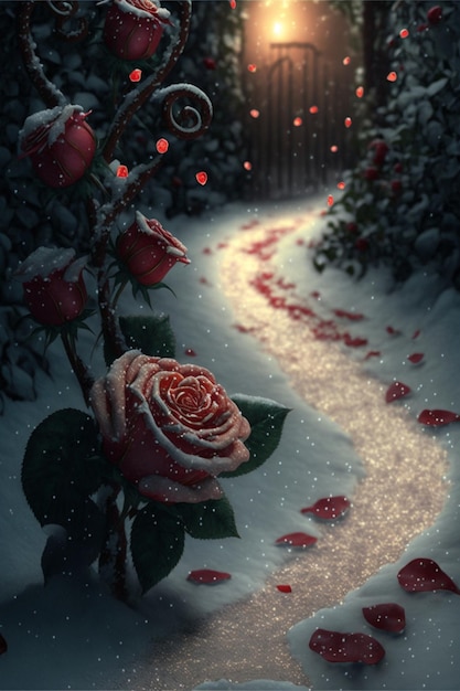 Rosa vermelha sentada em cima de um ai generativo coberto de neve