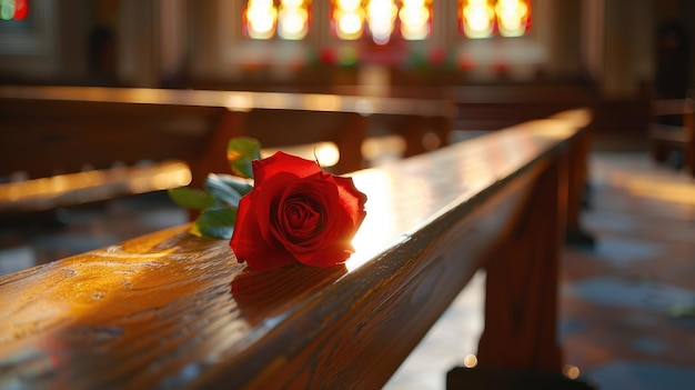 Rosa vermelha única no banco da igreja em Quiet Chapel