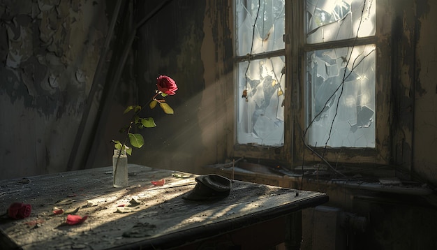 una rosa en un viejo y sucio alféizar de la ventana en una casa abandonada