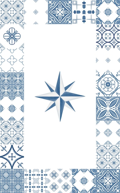 La rosa del viento como símbolo de Portugal enmarcada en azulejos de cerámica en colores monocromáticos azul y blanco