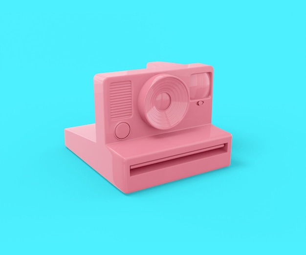 Rosa Vintage-Kamera für Sofortfotos auf blauem Hintergrund. Minimalistisches Designobjekt. 3D-Rendering-Symbol ui ux-Schnittstellenelement.