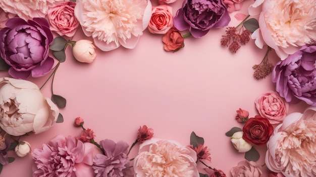 Rosa, violette und rote Rosenblüten isoliert auf einem rosa Hintergrund mit Kopierraum