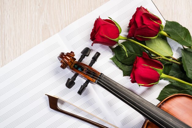 Rosa de violín y libros de música.