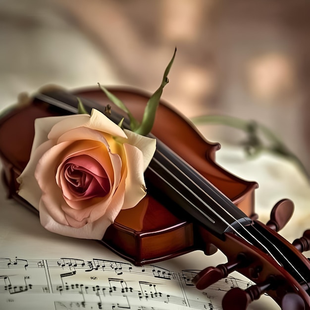 Foto una rosa está en un violín y está en una partitura.