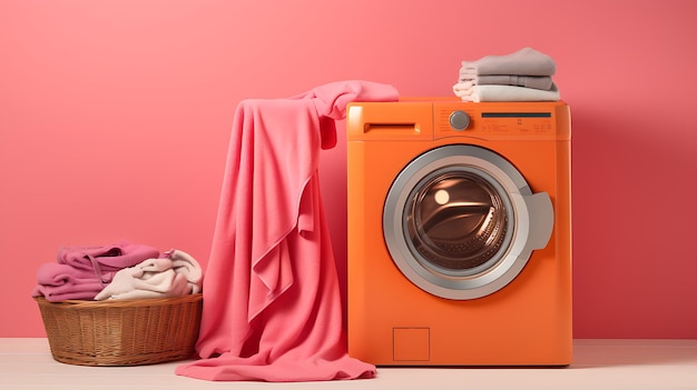 Rosa Waschmaschine und einige Handtücher mit Topfpflanze Ai generativ