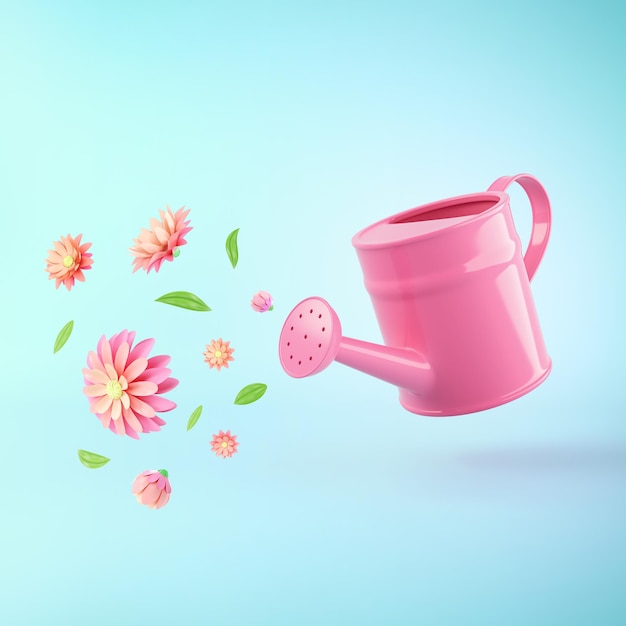 Rosa Wasserkanne mit bunten Sommerblumen und grünen Blättern 3D-Darstellung