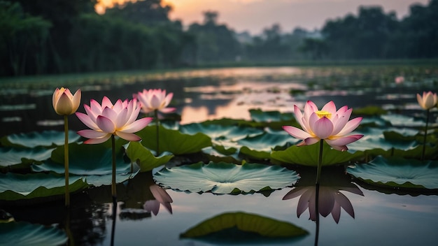 rosa Wasserlilien in einem Teich bei Sonnenuntergang