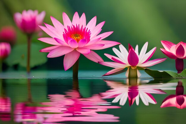 Foto rosa wasserlilien mit ihrer reflexion im wasser