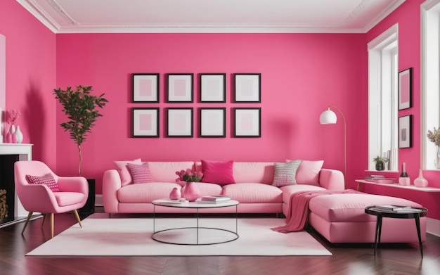 rosa Wohnzimmer mit freiem Raum mit farbigen Details