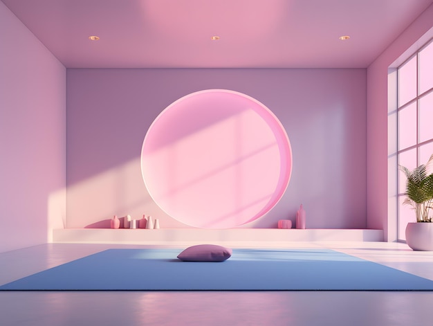 Rosa Yoga-Zimmer mit Sonnenschein kommen aus dem großen Fenster ein Teppich und ein Sofa 3D-Rendering