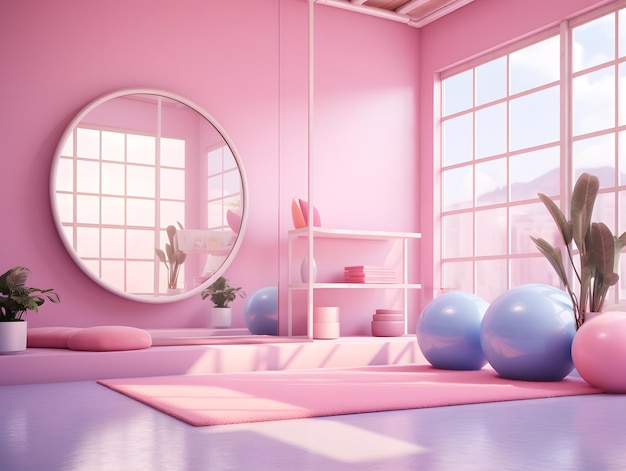 Rosa Yoga-Zimmer mit Sonnenschein kommen aus dem großen Fenster ein Teppich und ein Sofa 3D-Rendering