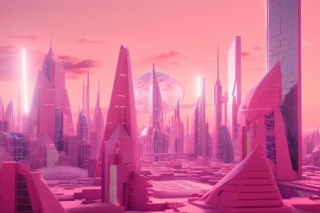 Rosa Zukunft mit D-Darstellung einer futuristischen Stadt im Hintergrund