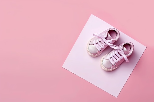 Rosafarbene Babyschuhe auf rosafarbenem Hintergrund Ansicht von oben Kopierbereich Ai generativ