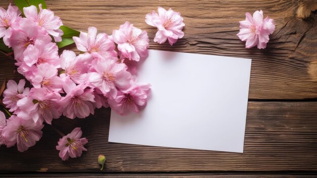 Rosafarbene Blumen auf einem hölzernen Hintergrund mit einem leeren weißen Blatt generativer ai