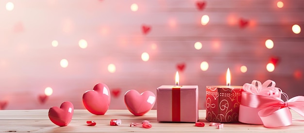 Rosafarbene Kerzengeschenke, geschmückt mit roten Bändern und Herzen, platziert auf einem weißen Holztisch. Ein Rosa