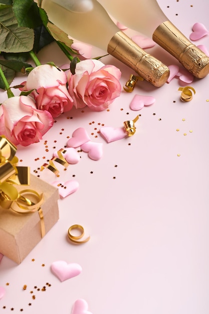 Rosafarbene Rosenblumen, Champagner, Geschenk, goldene Bänder und Konfetti-rote Herzen auf rosafarbenem Hintergrund. Draufsicht flach liegend mit Platz für Ihre Grüße. Valentinstag Hintergrund und Grußkarte.