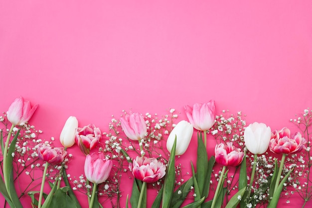 Rosafarbene Tulpen und weiße Gypsophila Blumen Blumenstrauß auf rosafarbenem Hintergrund Muttertag Geburtstagsfeier Konzept Kopieren Sie Platz für Text Mockup