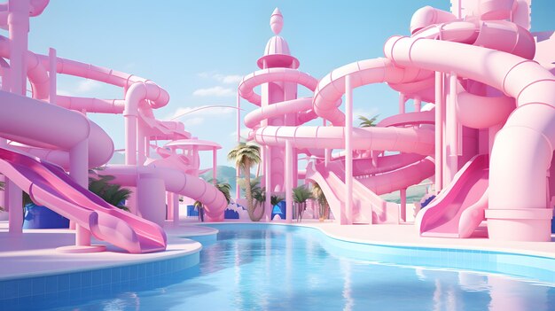 Rosafarbener Barbie-Stil, wenn in den Sommerferien ein Wasserpark im Freien in der Nähe des Pools rutscht