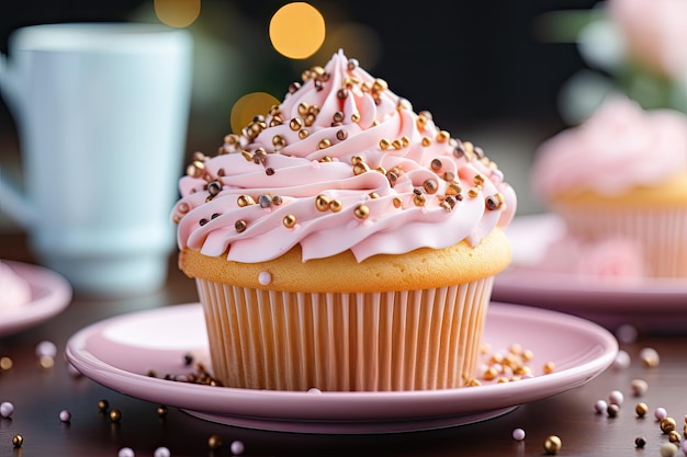 Rosafarbener Cupcake, umgeben von Krümeln und zuckerhaltigem Konfetti, generativ IA