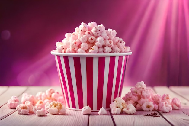 Rosafarbener Eimer mit Popcorn. Erstellt mit generativer KI-Technologie