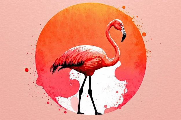 Rosafarbener Flamingo, der anmutig vor einem lebhaften Sonnenuntergang steht. Generative KI