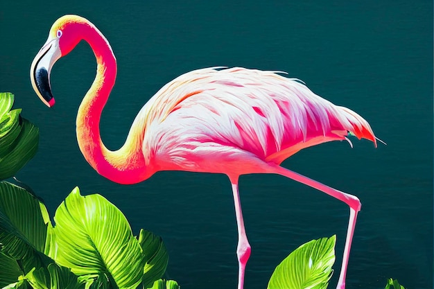 Rosafarbener Flamingo und exotische Blumen Palmenblätter Nahtloses Blumenmuster Tropische Illustration Exotische pl