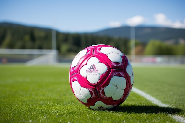 Foto rosafarbener fußball für frauenfußball auf dem stadionfeld. banner für spielsportartikel