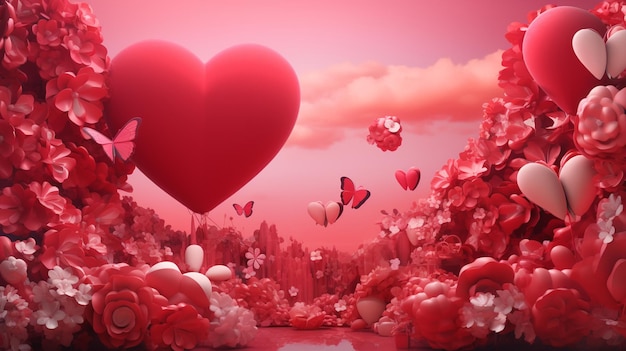 rosafarbener Hintergrund mit Herzballons und Blumen verziert