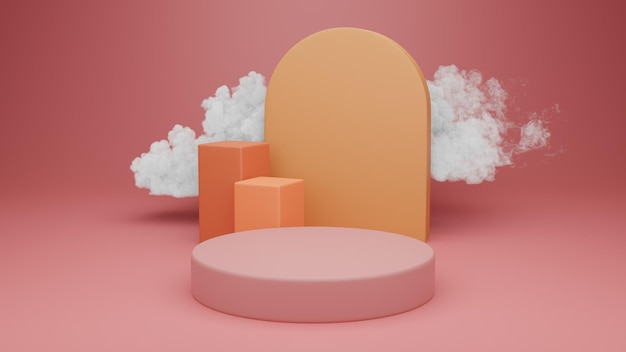 rosafarbener Hintergrund und Wolken mit einer Produktpräsentation auf dem Podium, 3D-Rendering
