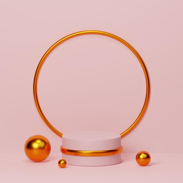 Rosafarbener Podiumssockel in Zylinderform mit goldenem Ring und Kugel auf dem Hintergrund. Vitrine für Schönheitsprodukte oder Kosmetikdisplay, luxuriöses Podiumsdesign, 3D-Rendering
